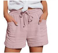 Women's Muslin Shorts High Waisted Cheesecloth Cotton Casual 2026 Summer Holiday Shorts Ladies Elasticated Drawstring Waist Beach Lounge Bottoms Solid Colour Lightweight with Pockets (XXL) Pink