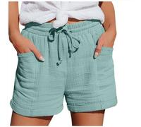 Women's Muslin Shorts High Waisted Cheesecloth Cotton Casual 2026 Summer Holiday Shorts Ladies Elasticated Drawstring Waist Beach Lounge Bottoms Solid Colour Lightweight with Pockets (Green, S)