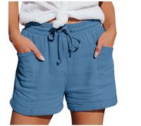 Women's Muslin Shorts High Waisted Cheesecloth Cotton Casual 2026 Summer Holiday Shorts Ladies Elasticated Drawstring Waist Beach Lounge Bottoms Solid Colour Lightweight with Pockets (Blue, XL)