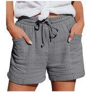 Women's Muslin Shorts High Waisted Cheesecloth Cotton Casual 2026 Summer Holiday Shorts Ladies Elasticated Drawstring Waist Beach Lounge Bottoms Solid Colour Lightweight with Pockets (Grey, L)