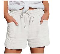 Women's Muslin Shorts High Waisted Cheesecloth Cotton Casual 2026 Summer Holiday Shorts Ladies Elasticated Drawstring Waist Beach Lounge Bottoms Solid Colour Lightweight with Pockets (White, L)