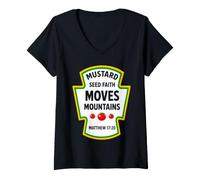 Women's Mustard Seed Faith Moves Mountains Matthew 17:20 Condiments V-Neck T-Shirt