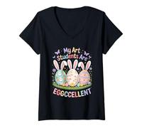 Women's My Art Students are Eggccellent Easter Teacher Bunny Eggs V-Neck T-Shirt