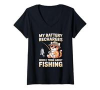 Women's My Battery Recharges When I Think About Fishing Cat V-Neck T-Shirt