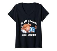 Womens My Bed is Calling and I Must Go Scottish Highland Cow V-Neck T-Shirt