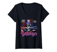 Womens My Birthday Funny 4th Of July Birthday Fireworks Patriotic V-Neck T-Shirt