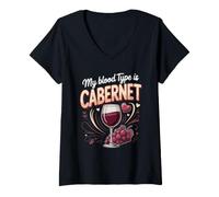 Women's My Blood Type is Cabernet Wine Tasting Lover Vino V-Neck T-Shirt