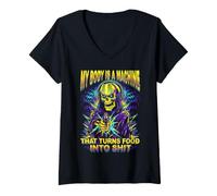 Women's My Body is A Machine Hard Skeleton Meme - Badass Skeleton V-Neck T-Shirt