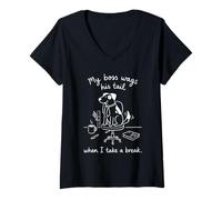 Women's My Boss Wags His Tail When I Take Little Break Office Dog V-Neck T-Shirt