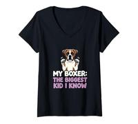 Women's My Boxer The Biggest Kid I Know Dog Lover Humor V-Neck T-Shirt