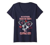Women's My Boyfriend Stole My Heart So I Cuffed Him Fun Love Special V-Neck T-Shirt, Navy Blue, Small