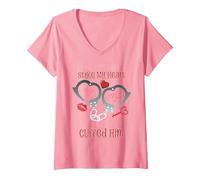 Women's My Boyfriend Stole My Heart So I Cuffed Him Fun Love Special V-Neck T-Shirt, Pink, Medium