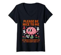 Womens My Brain Fights Battles Brain Tumor Cancer Brain Surgery V-Neck T-Shirt
