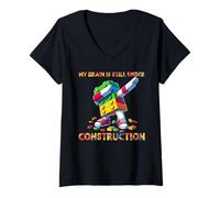 Womens My Brain is Still Under Construction Master Builder Dabbing V-Neck T-Shirt