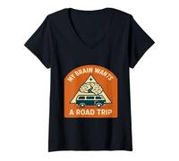 Womens My Brain Wants A Road Trip Retro Travel Van Life V-Neck T-Shirt
