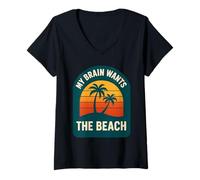Womens My Brain Wants The Beach Retro Sunset Summer Vacation V-Neck T-Shirt