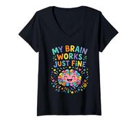Women's My Brain Works Just Fine Autism Awareness Puzzle Brain V-Neck T-Shirt