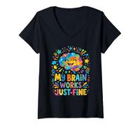 Women's My Brain Works Just Fine Autism Neurodiversity Awareness V-Neck T-Shirt
