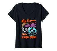 Womens My Broom Broke Now I Go Scuba Diving Halloween Witch Lover V-Neck T-Shirt