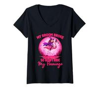 Womens My Broom Broke Now I Ride My Flamingo Funny Halloween Witch V-Neck T-Shirt