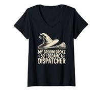 Womens My Broom Broke, So I Became a Dispatcher Halloween Witch V-Neck T-Shirt