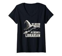 Womens My Broom Broke, So I Became a Librarian Funny Halloween Meme V-Neck T-Shirt