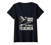 Womens My Broom Broke, So I Became a Teacher Witch Halloween V-Neck T-Shirt