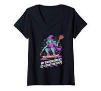 Womens My Broom Broke So I Ride the Hype Halloween V-Neck T-Shirt