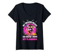 Womens My Broom Broke So Now I Ride My Flamingo Halloween Witch V-Neck T-Shirt