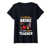 Womens My Broom Broke So Now I Teach Shirt Teacher Halloween V-Neck T-Shirt
