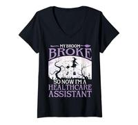 Womens My Broom Broke So Now I'm A Healthcare Assistant Halloween V-Neck T-Shirt