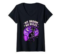 Women's My Broom My Rules Black Cat Witch Halloween V-Neck T-Shirt