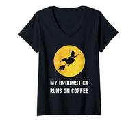 Womens My Broomstick Runs On Coffee Flying Witch Caffeine Lover V-Neck T-Shirt