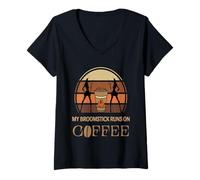 Womens My Broomstick Runs On Coffee Halloween Pumpkin Spice Latte V-Neck T-Shirt