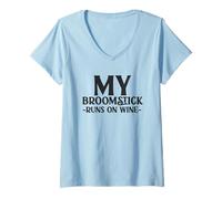 Womens My Broomstick Runs On Wine Fun Witchy V-Neck T-Shirt