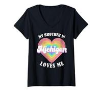 Womens My Brother in Michigan Loves Me Heart USA US State V-Neck T-Shirt