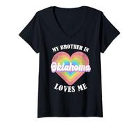 Womens My Brother in Oklahoma Loves Me Heart USA US State V-Neck T-Shirt