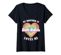 Womens My Brother in South Dakota Loves Me Heart USA US State V-Neck T-Shirt