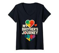 Womens My Brother's Journey Puzzle Heart Autism Awareness Family V-Neck T-Shirt