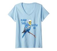 Womens My Budgie Tweets More Than Me, Budgerigar Parakeet Bird V-Neck T-Shirt