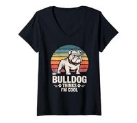Womens My Bulldog Thinks I’m Cool Retro Dog V-Neck T-Shirt