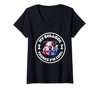 Womens My Bulldog Thinks I'm Cool Funny Dog Owner Design V-Neck T-Shirt