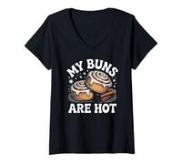Womens My Buns Are Hot Funny Cinnamon Roll Bakery V-Neck T-Shirt