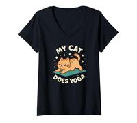 Women's My Cat Does Yoga Cute Pet Theme Art V-Neck T-Shirt