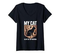 Women's My Cat is My Co Op Partner Gamer V-Neck T-Shirt