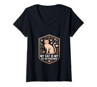Women's My Cat is My Co Op Partner Gamer V-Neck T-Shirt
