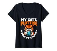 Womens My Cat’s Plotting World Domination Funny V-Neck T-Shirt
