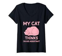 Womens My Cat Thinks I’m His Assistant Humor Cats V-Neck T-Shirt