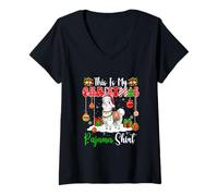 Womens My Christmas Pajama Shirt Santa Llama Snow Colorful Baubles V-Neck T-Shirt