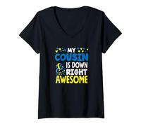 Women's My Cousin is Down Right Awesome Down Syndrome Awareness V-Neck T-Shirt